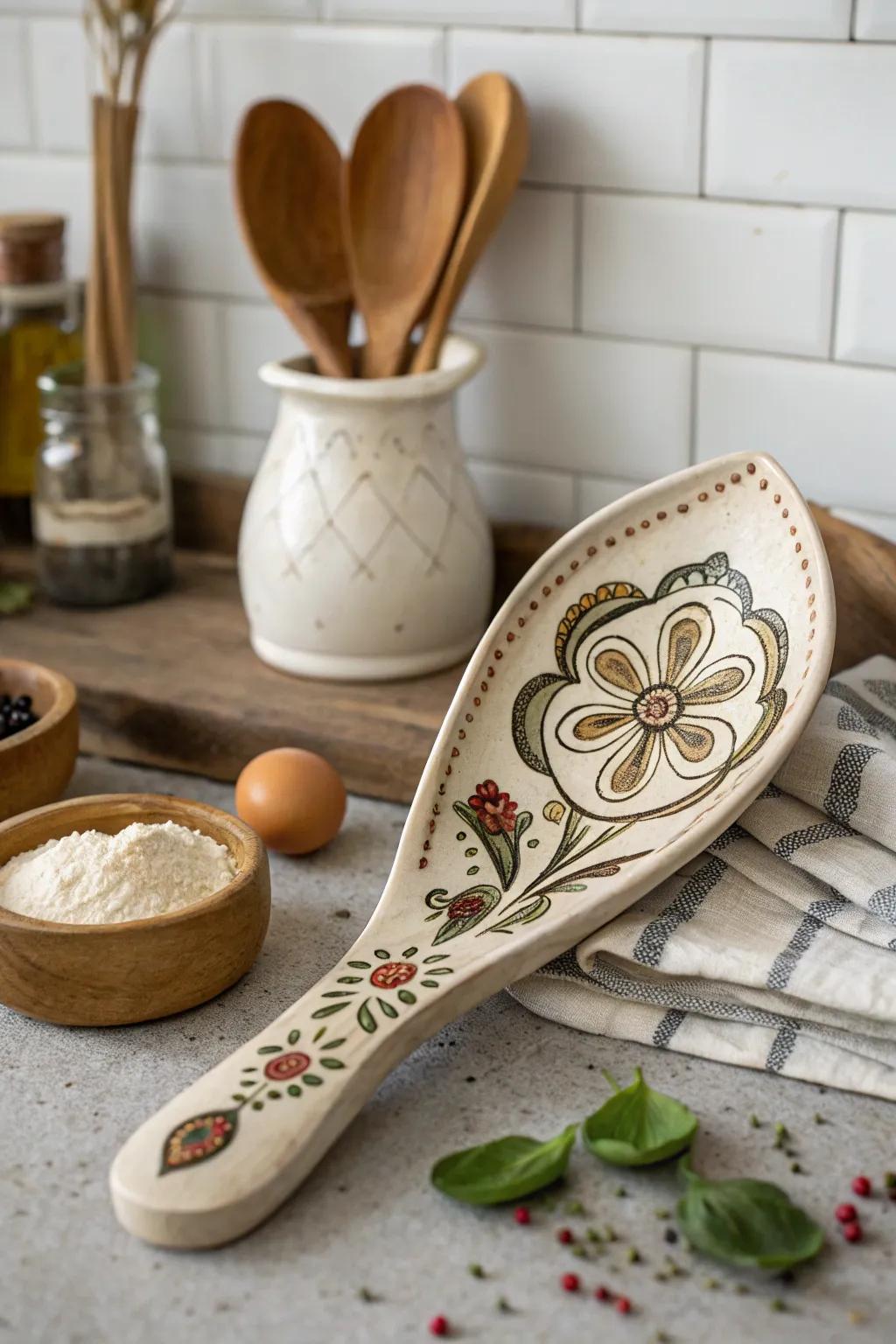 A decorative spoon rest keeping the kitchen organized.