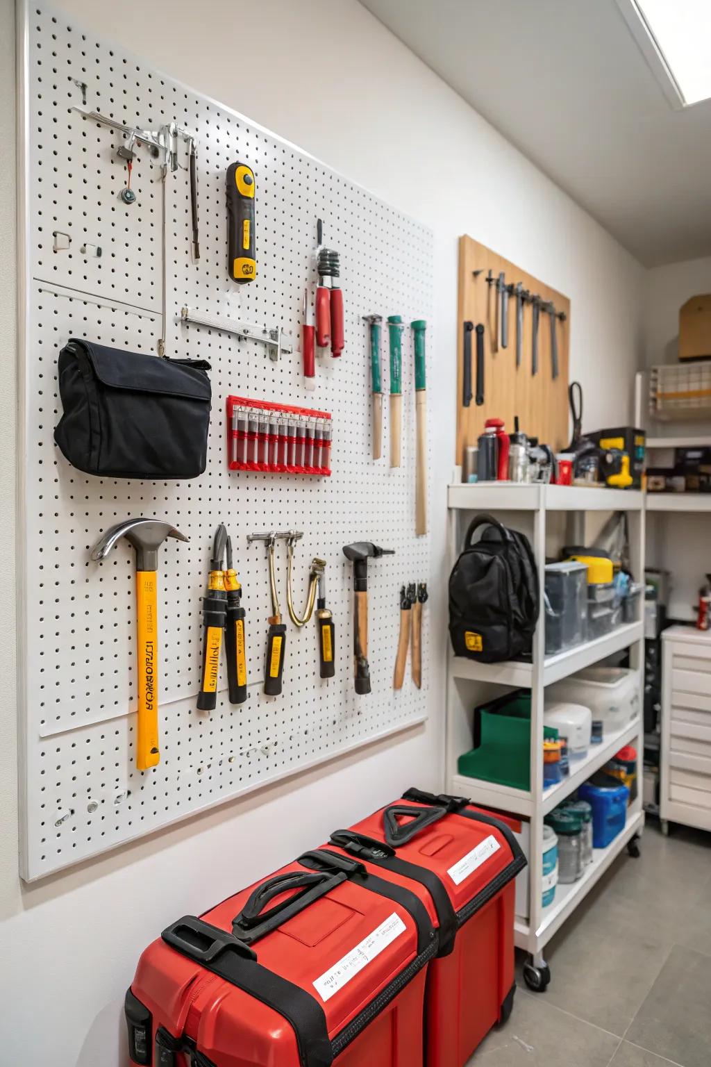 Pegboard walls offer versatile storage options.