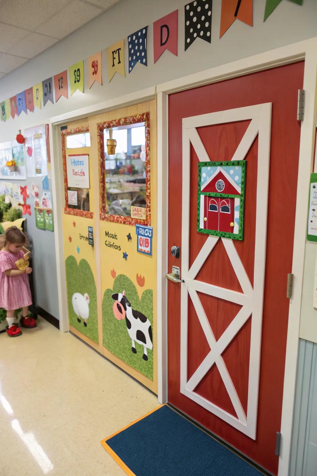 A farm-themed door offers a playful glimpse into rural life.