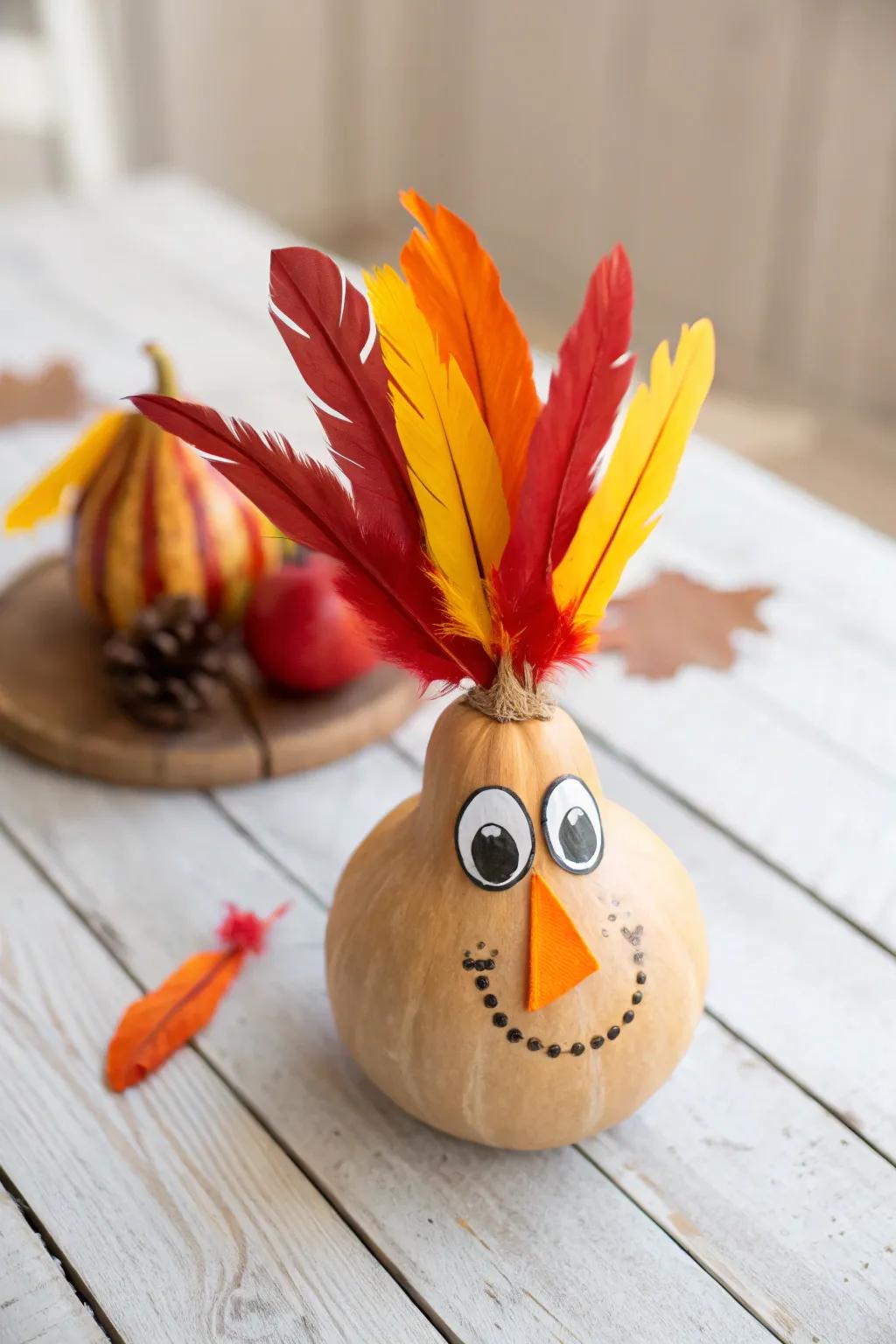 Bring playful charm to your Thanksgiving table with this adorable gourd gobbler centerpiece, blending minimalist elegance with a touch of boho whimsy.