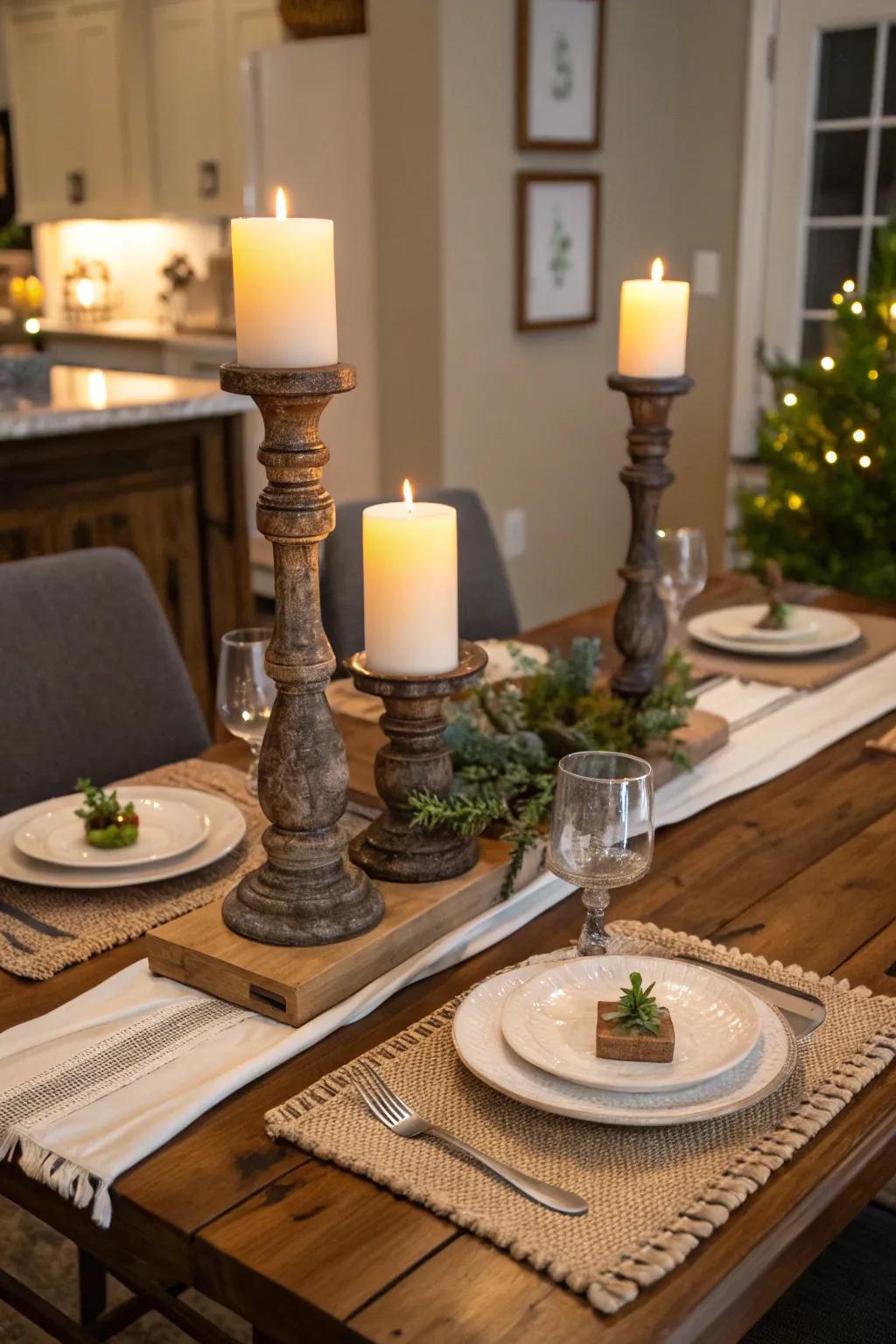 Farmhouse candle holders enhancing a dining table setting.