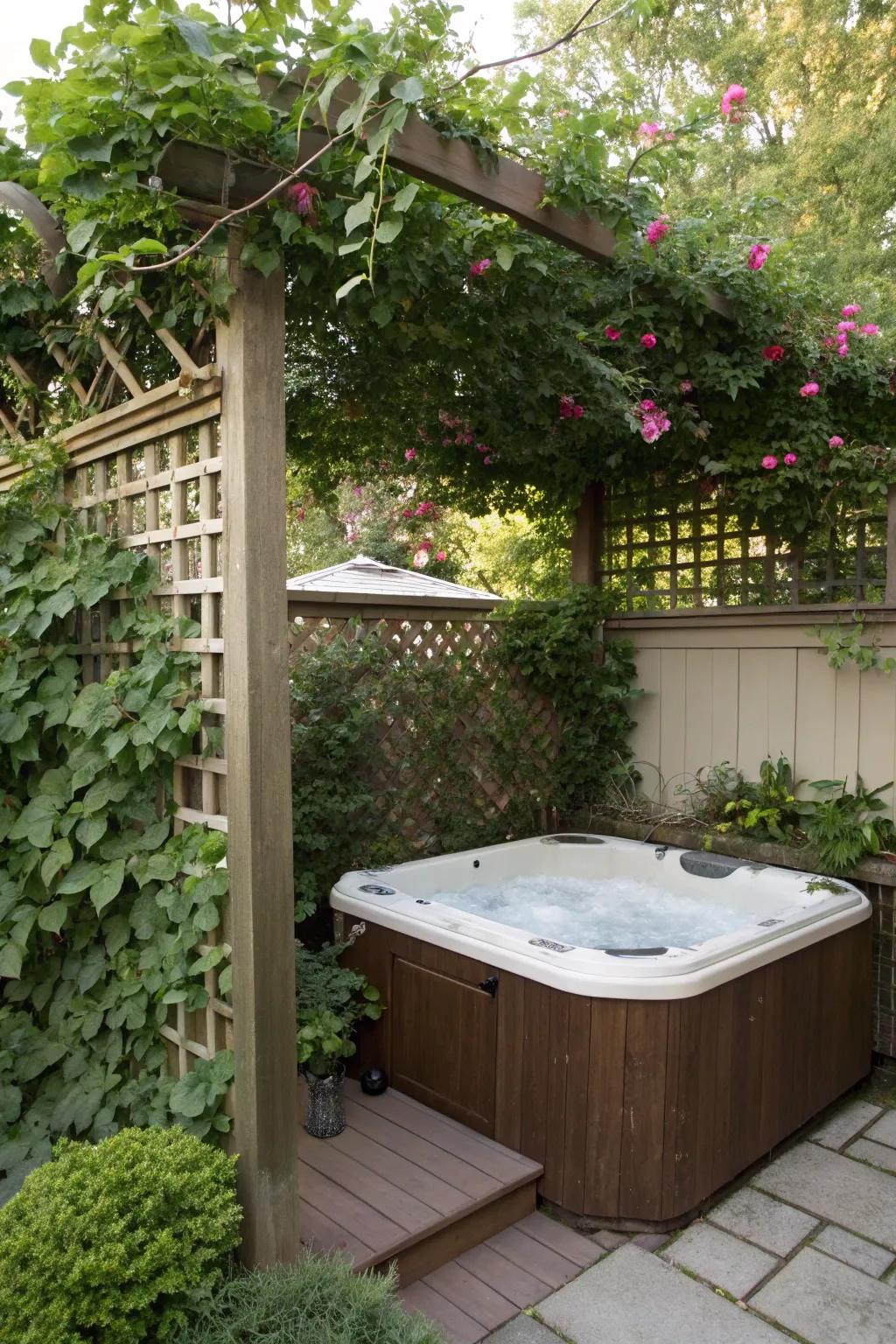 A trellis with climbing plants offers a natural and attractive privacy solution.