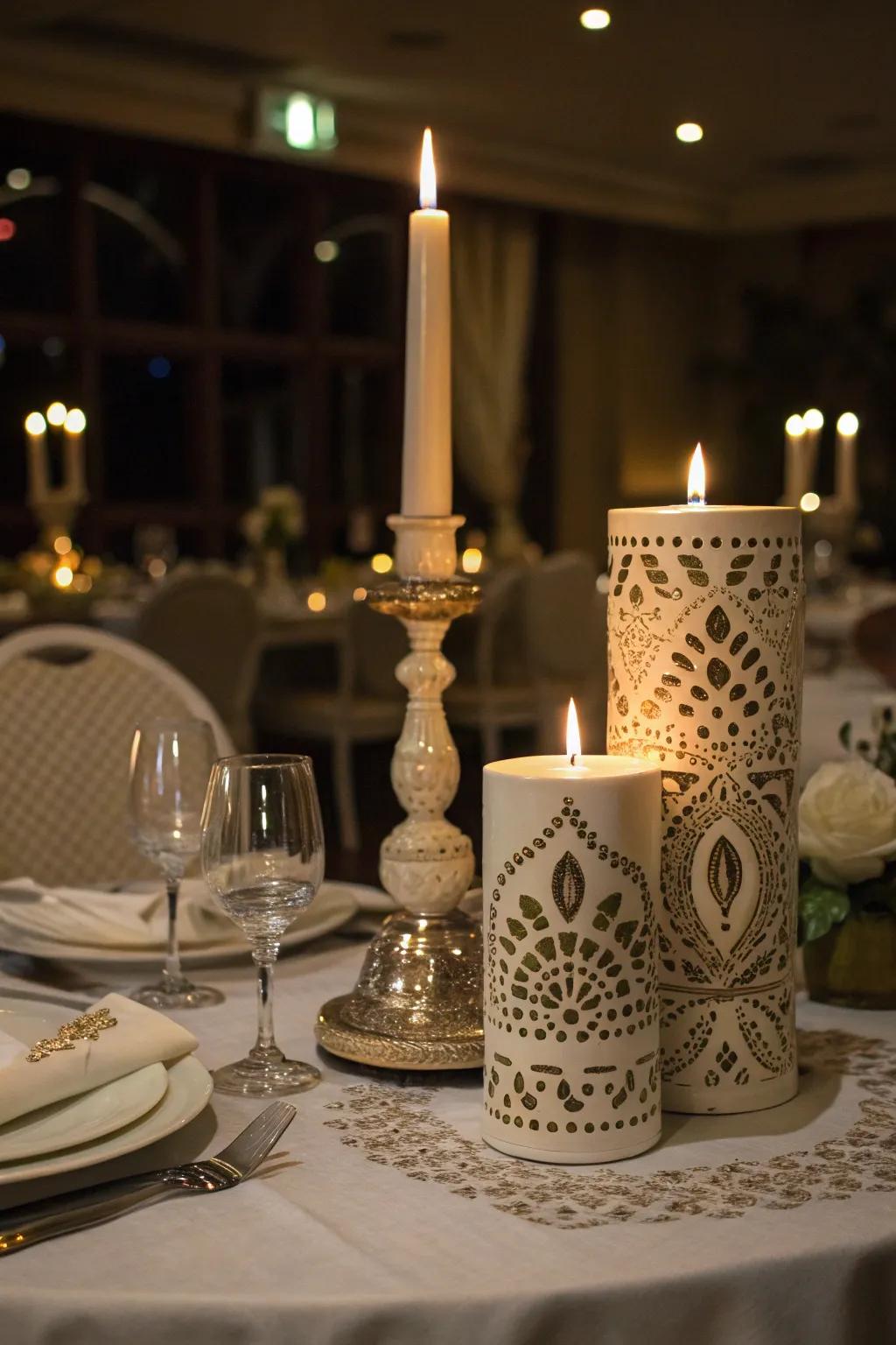 Create ambiance with decorative puffy paint candle holders.