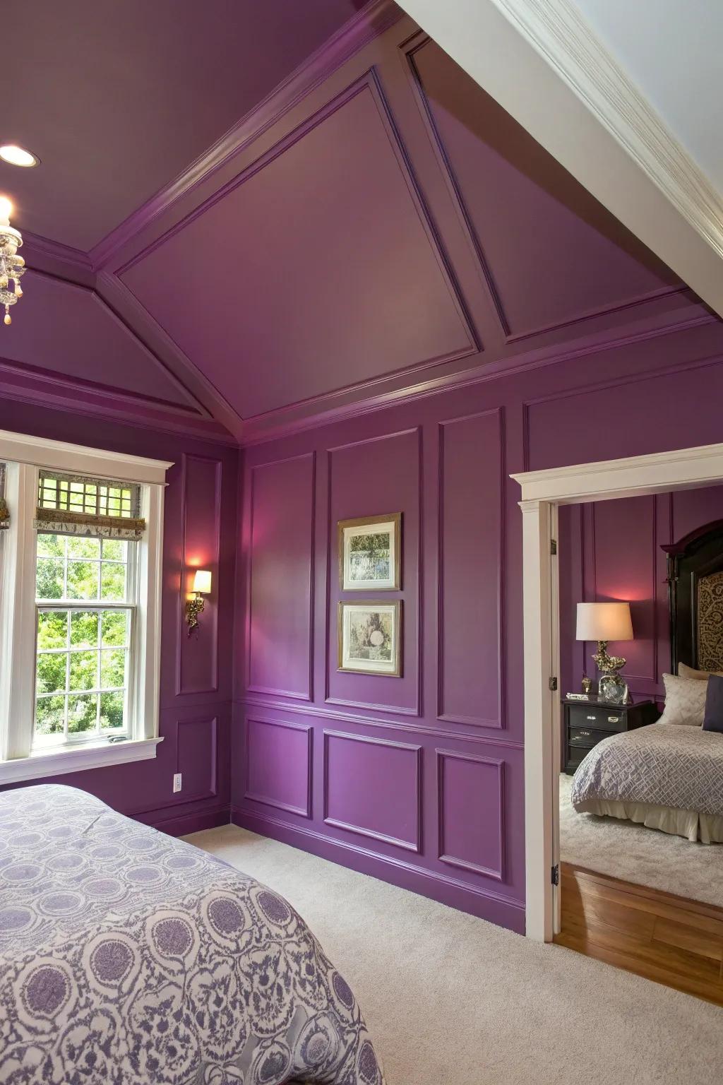 A striking purple accent wall adds depth and character to the bedroom.