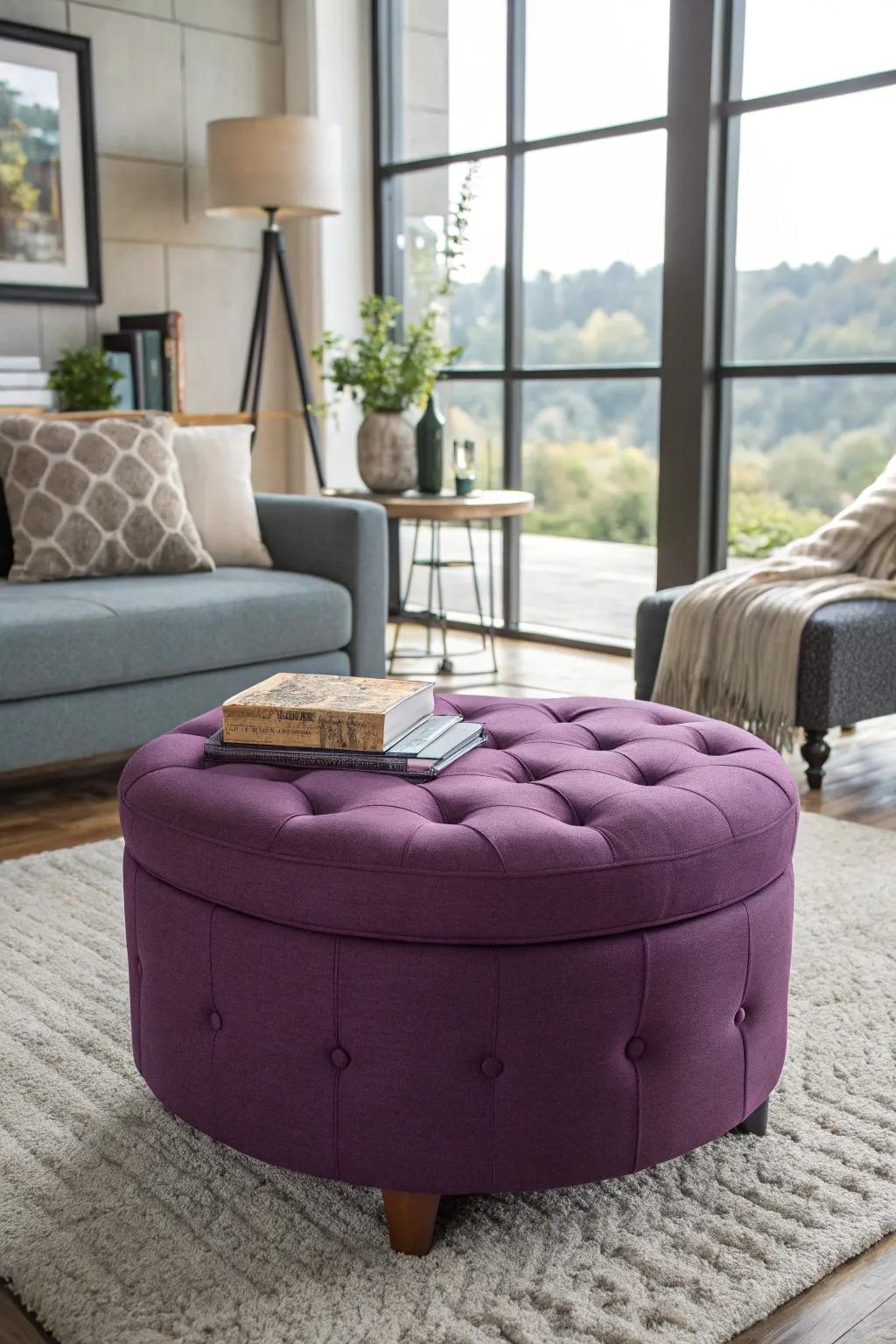 A purple ottoman offers style and functionality.