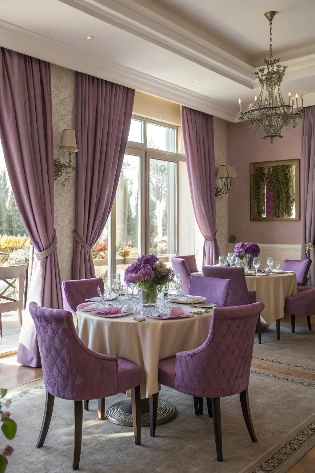 Layering shades of purple creates a harmonious and dynamic dining area.