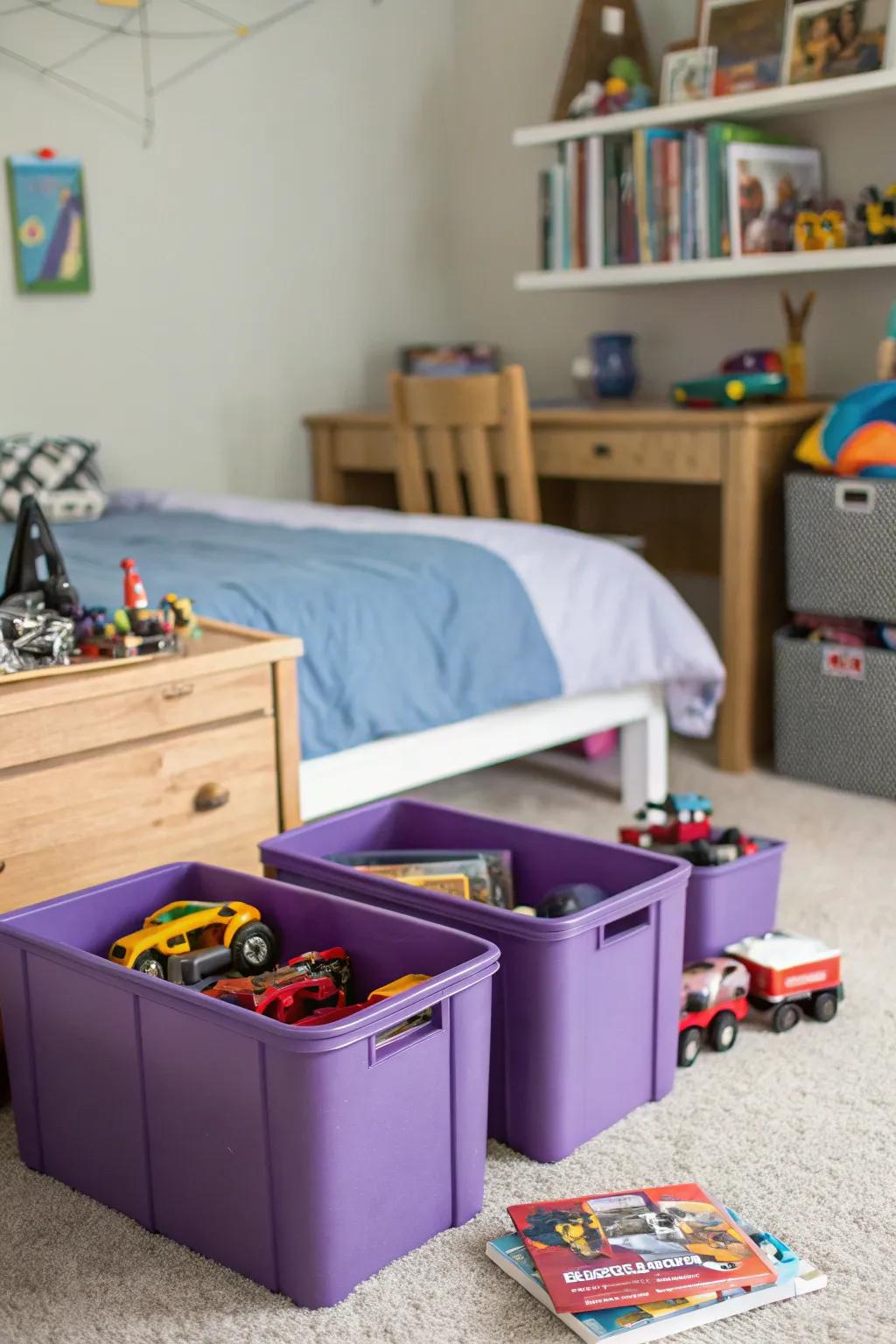 Purple storage bins add color and organization.