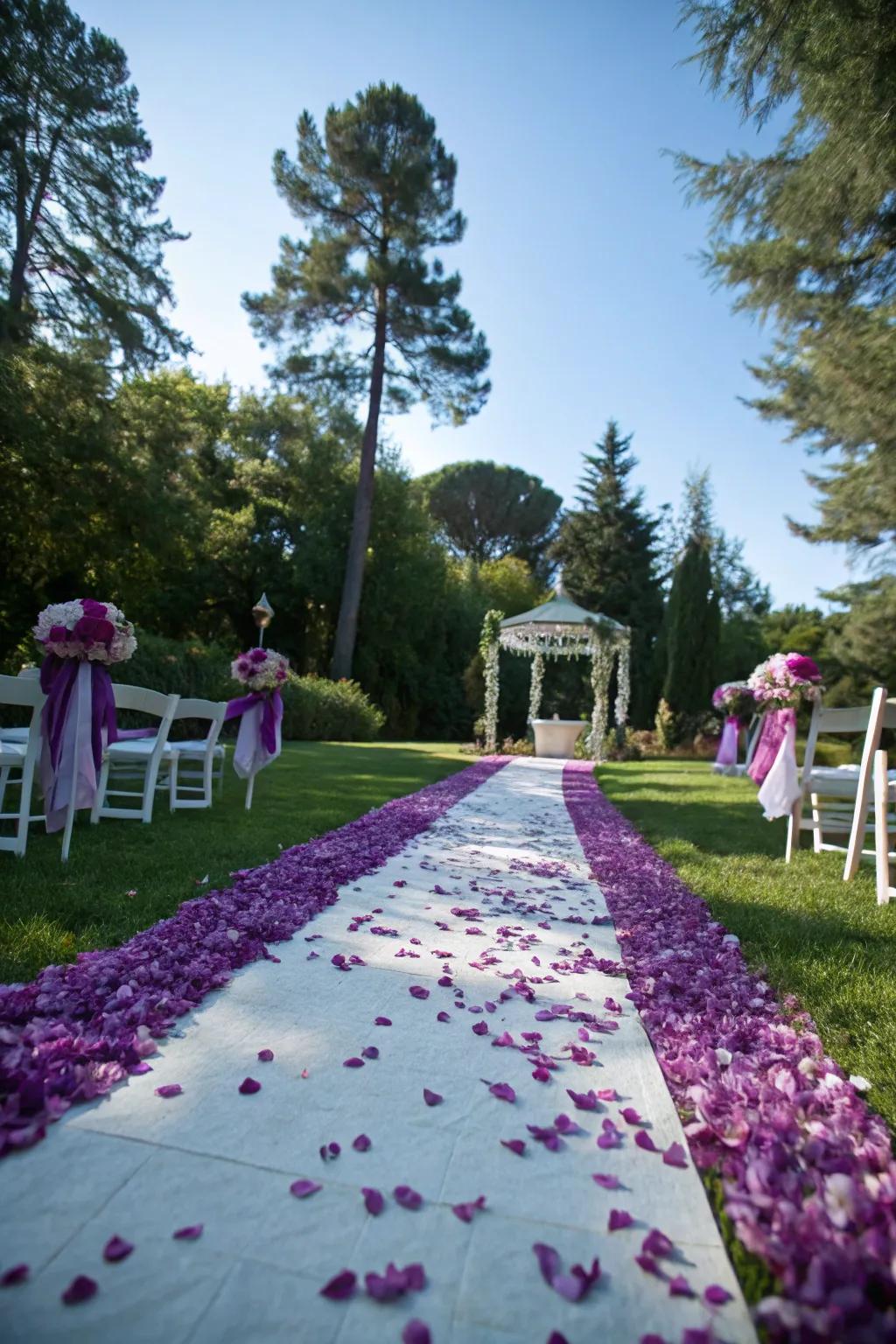 A romantic aisle adorned with purple flower petals.