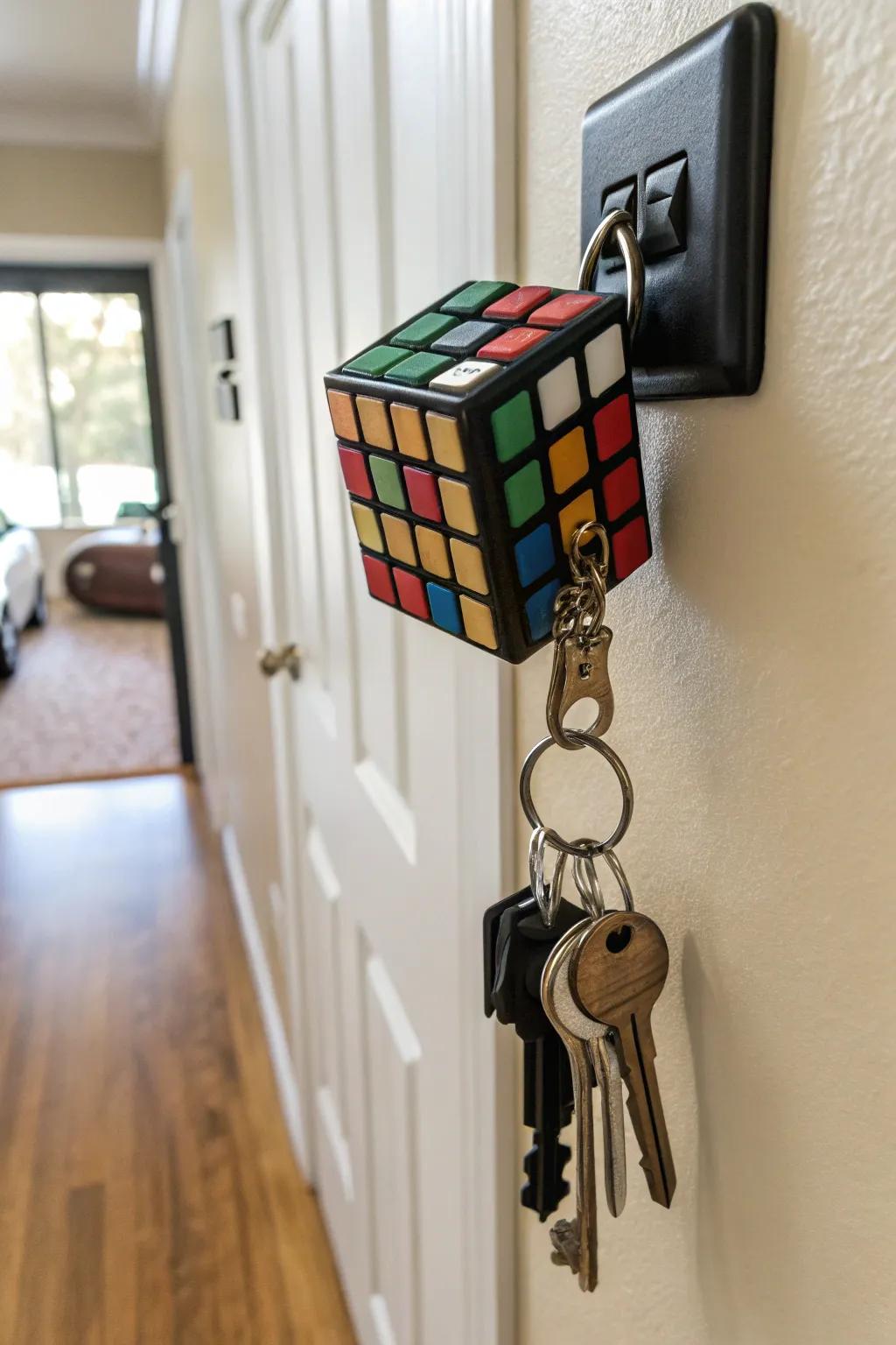 A puzzle cube key holder keeps keys organized and accessible.