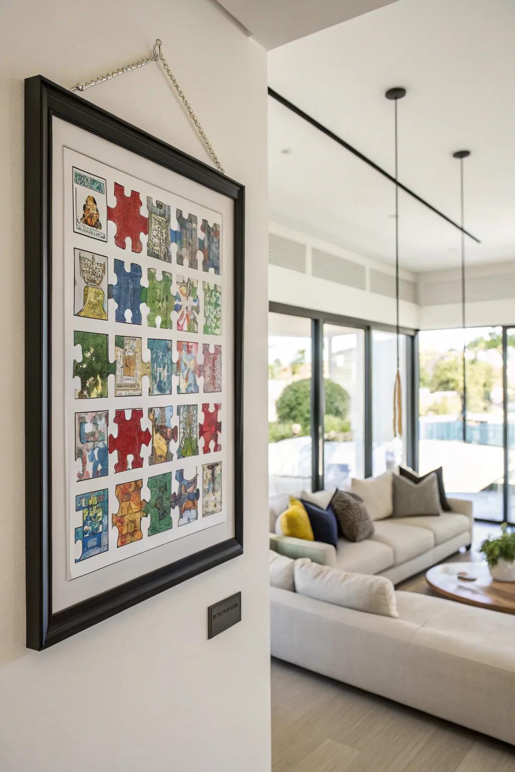 Add a modern touch with a framed puzzle piece collage.