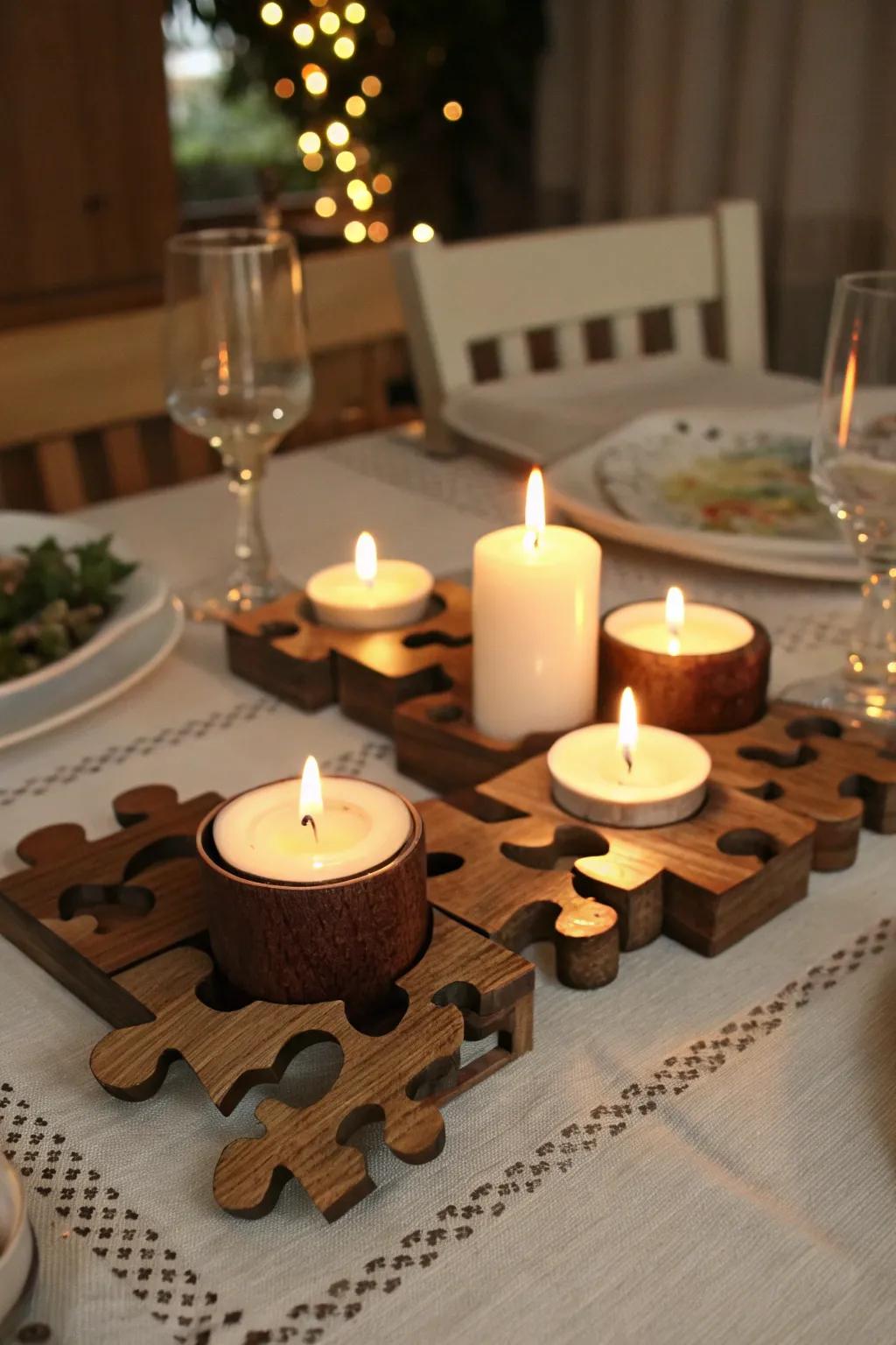 Puzzle piece candle holders create a cozy and inviting atmosphere.