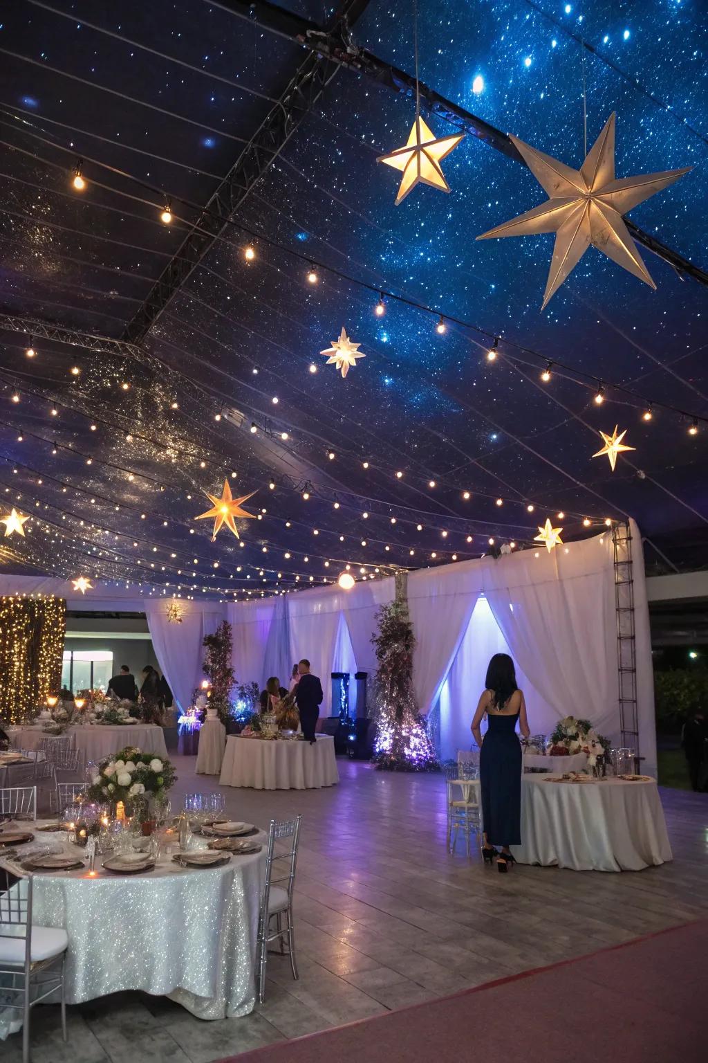 A dreamy celestial-themed quinceanera with starry lighting and cosmic decor.