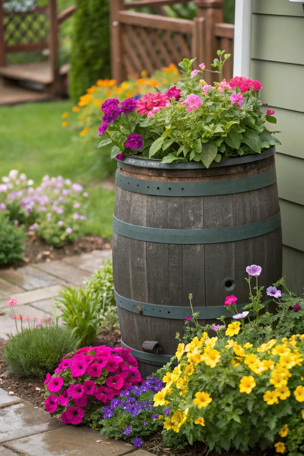 Planter toppers turn your rain barrel into a colorful garden feature.