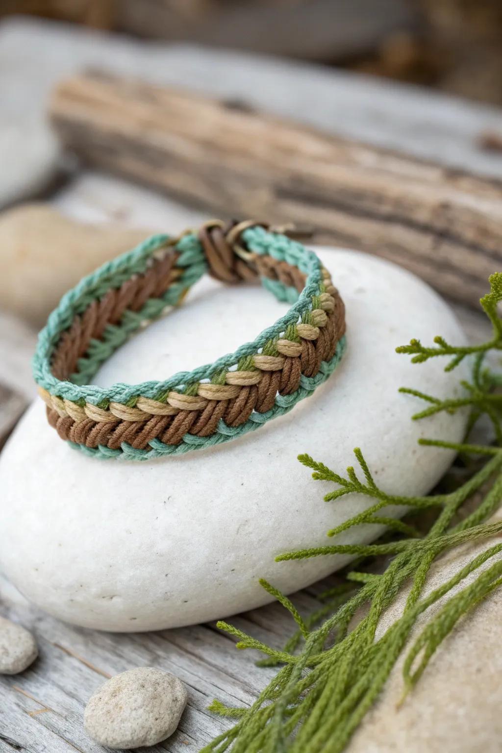 Embrace the serenity of the forest with a handcrafted rainbow loom bracelet inspired by nature's trails.