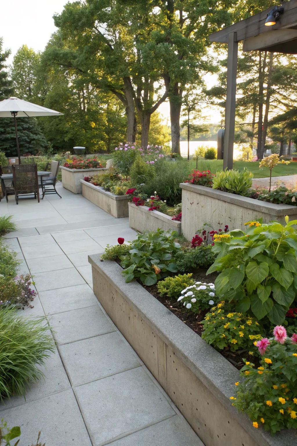 Lush greenery enhances the natural appeal of this raised concrete patio.