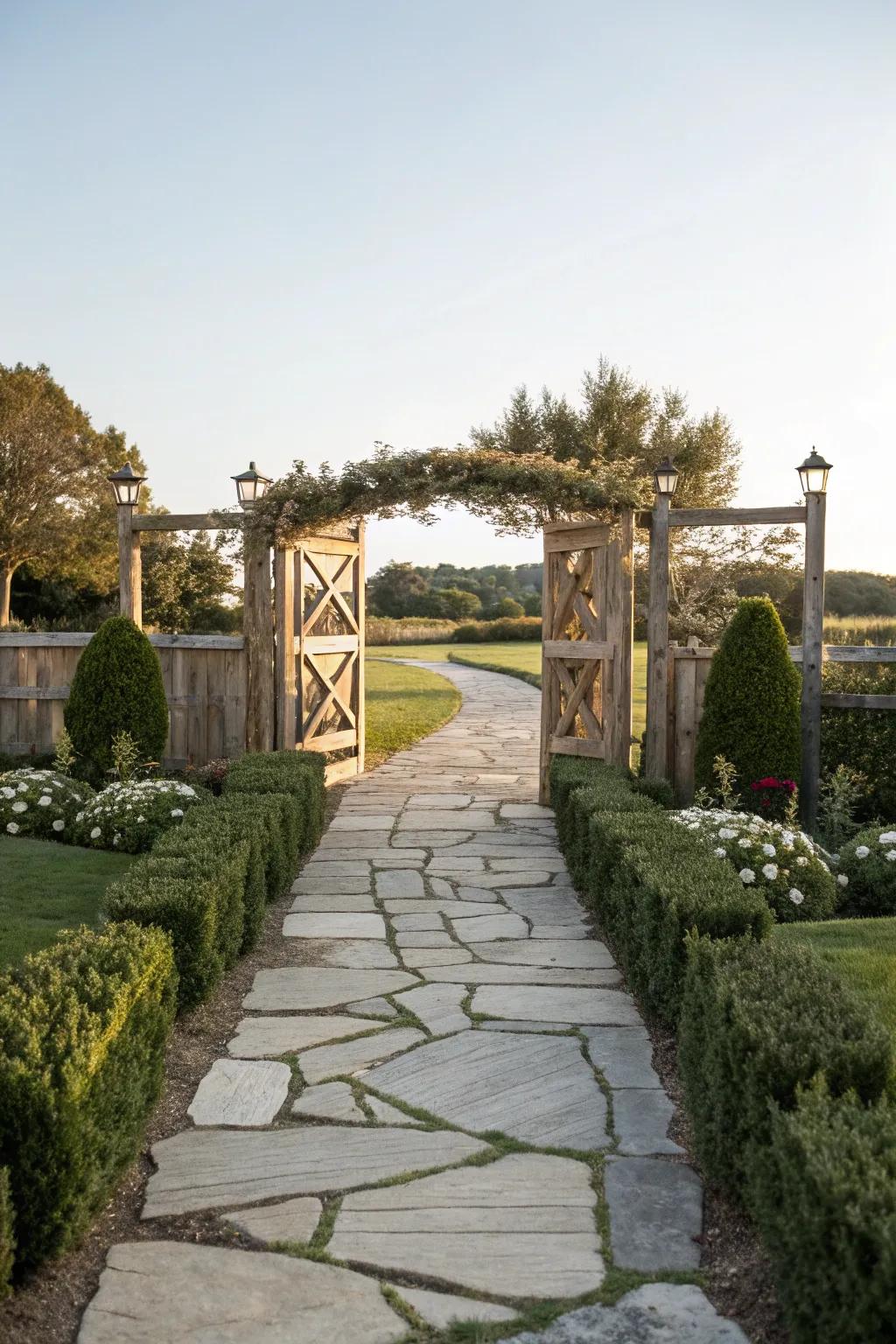 A welcoming pathway enhances the approach to this ranch entrance.