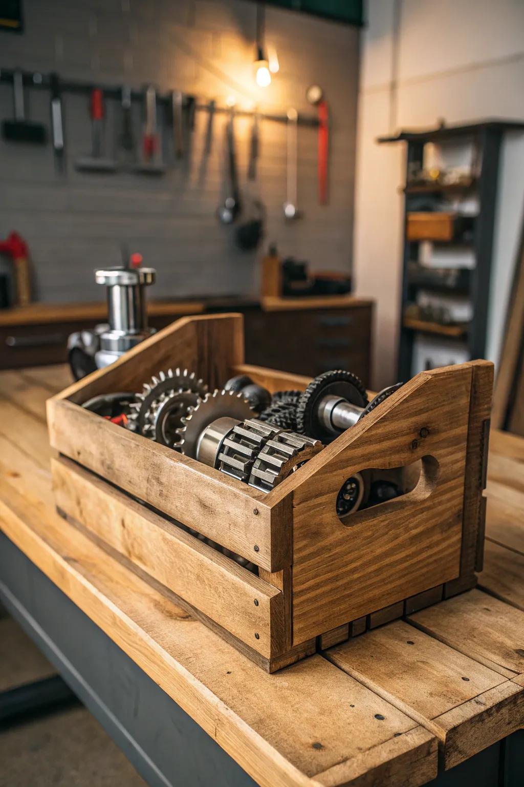 Elevate your workshop with stylish and sustainable wooden crate storage for your tools.