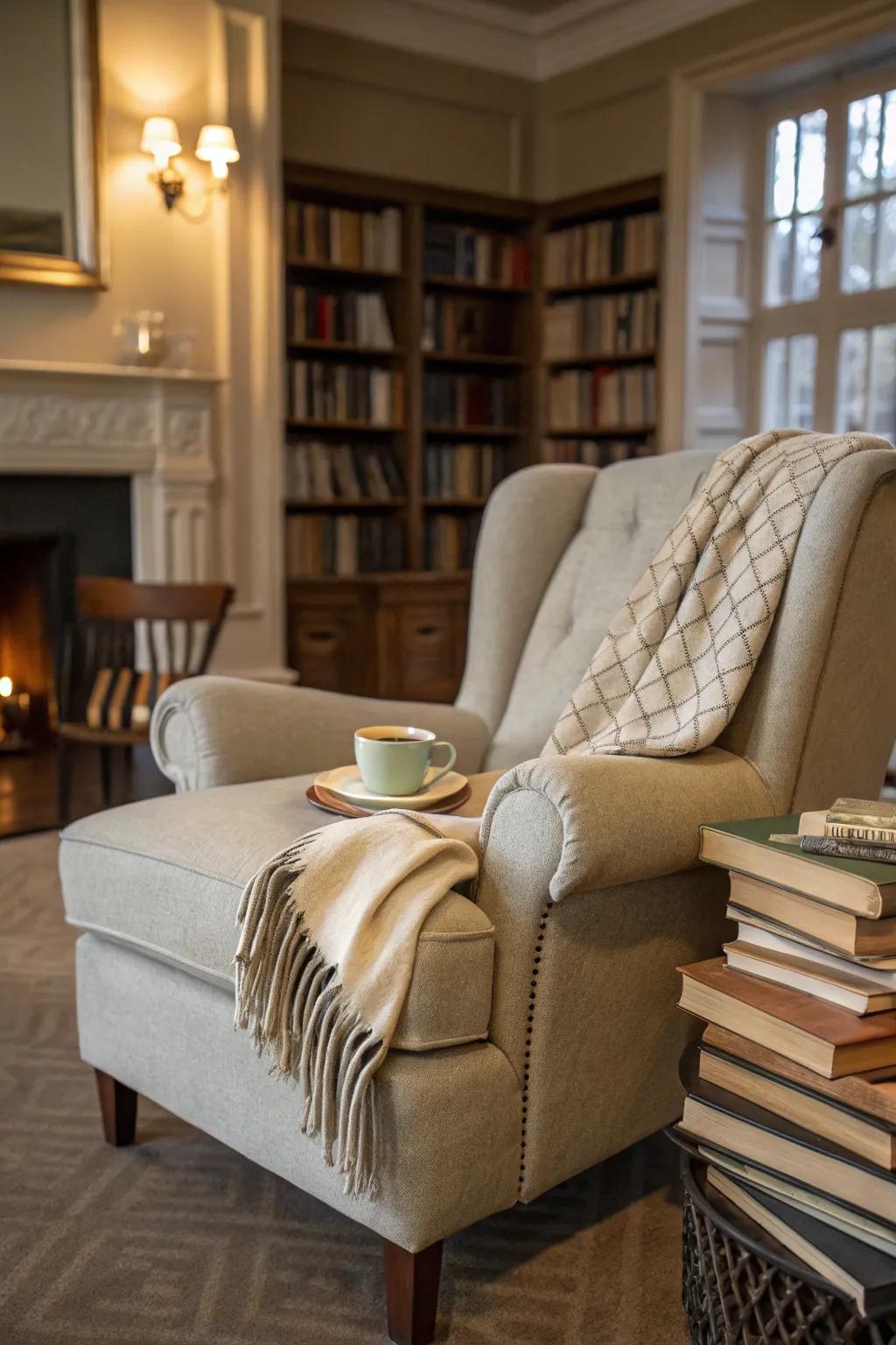 A cozy armchair is essential for reading comfort.