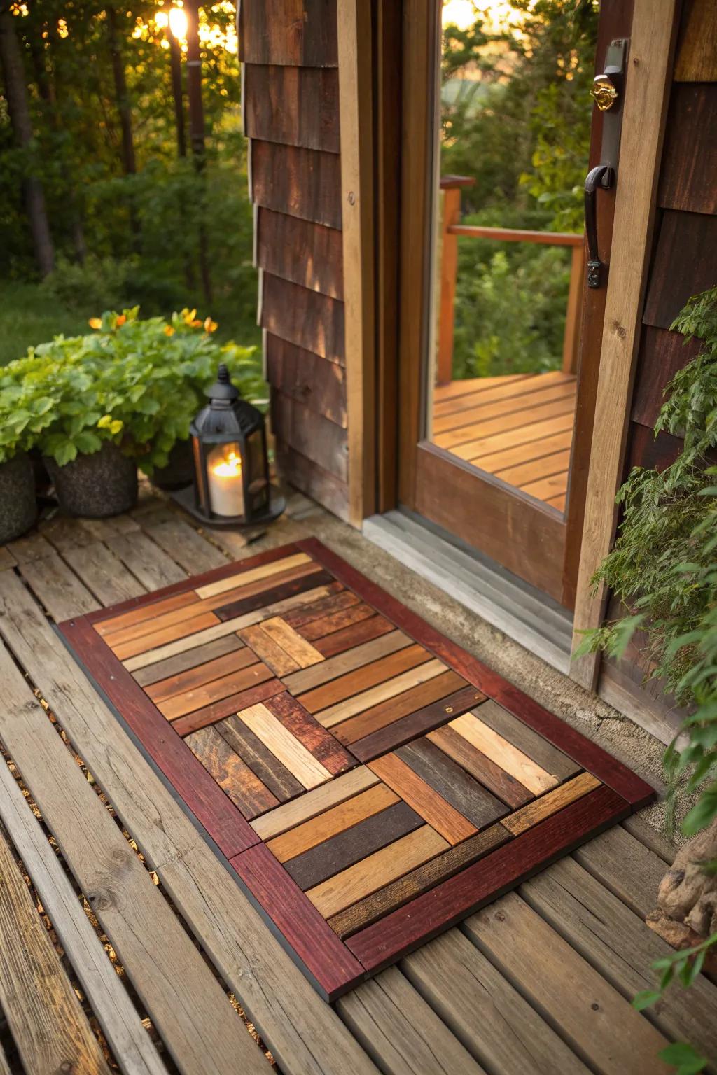 Step onto sustainability with this stunning recycled wooden doormat—where style meets eco-conscious living.