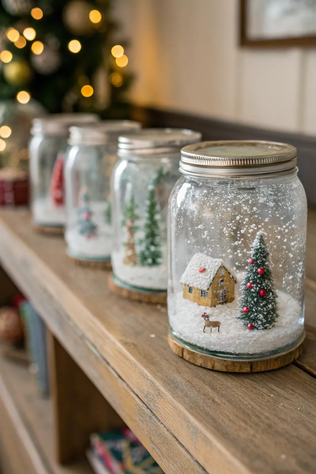 Glass jar snow globes add a whimsical touch to your holiday decor.