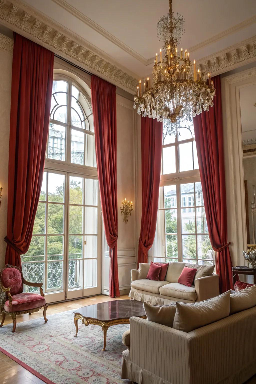 Red curtains add elegance and warmth to this living room.