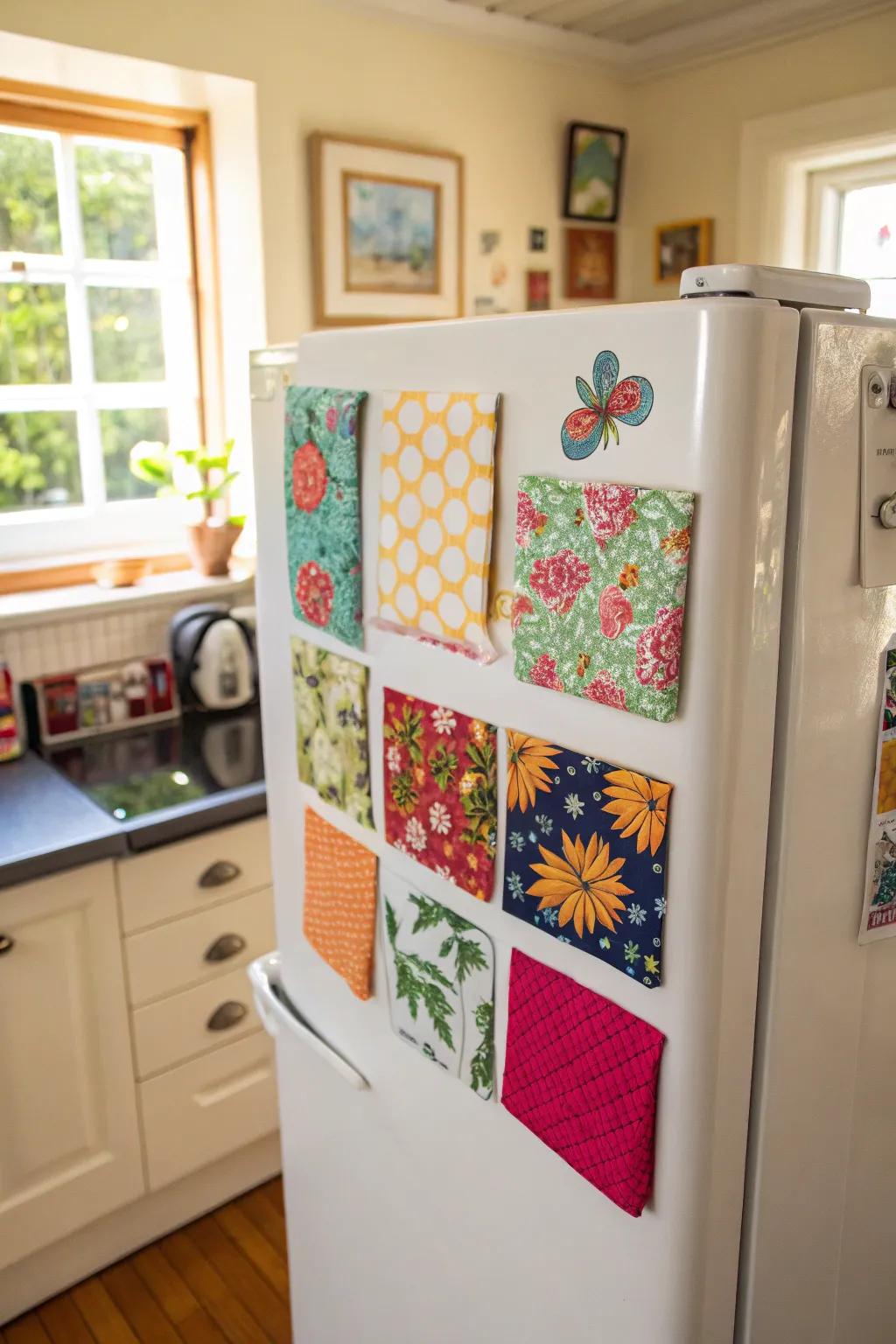 Fabric swatch magnets add warmth and color to your kitchen decor.