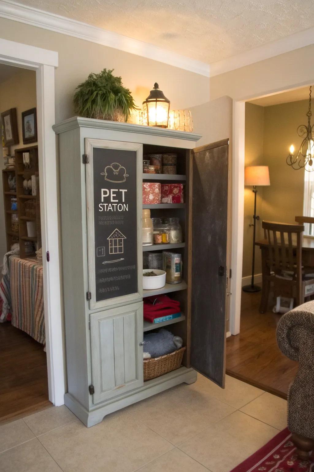 A pet station armoire keeps supplies organized and accessible.