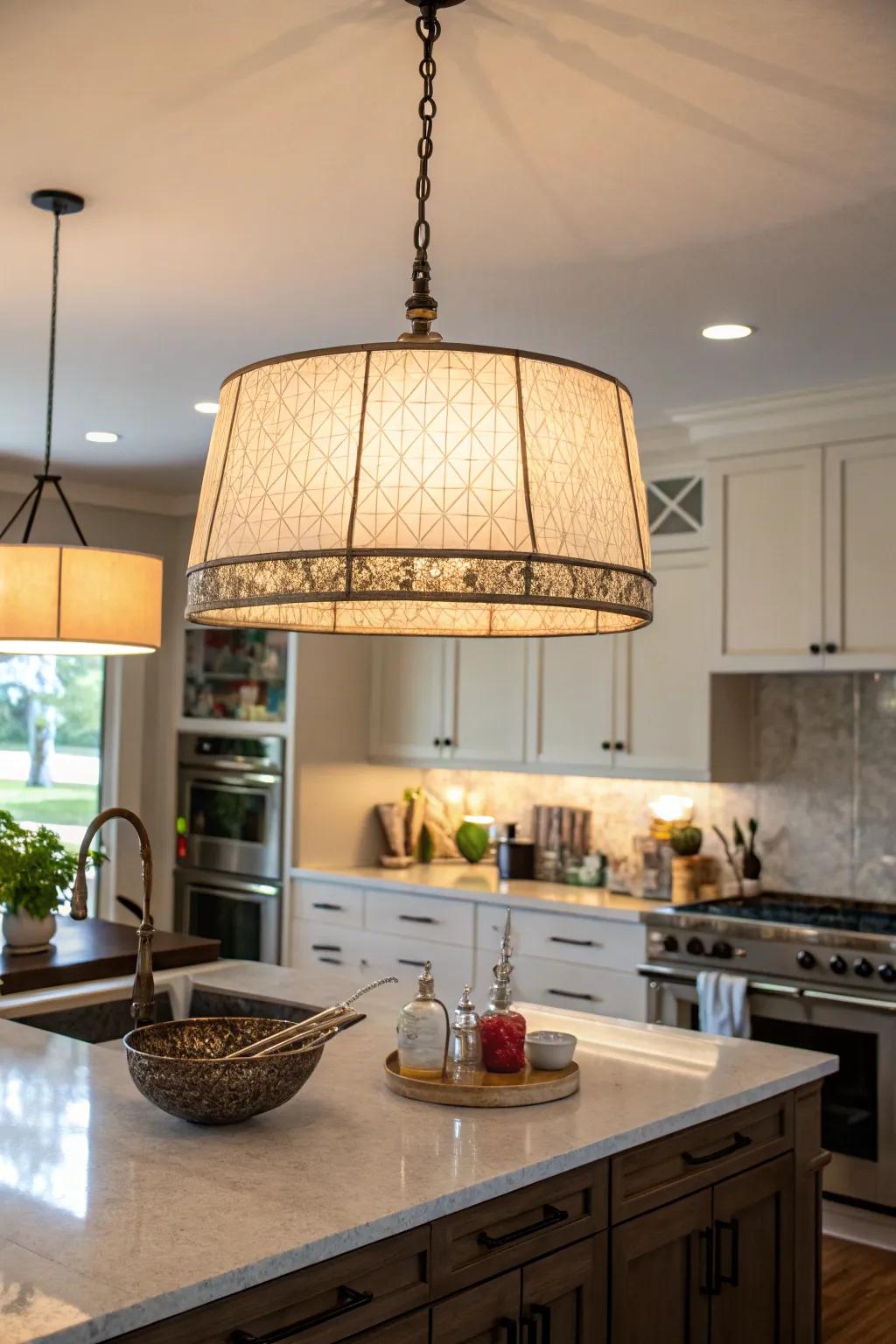 A statement light shade transforms the lighting in a rental kitchen.