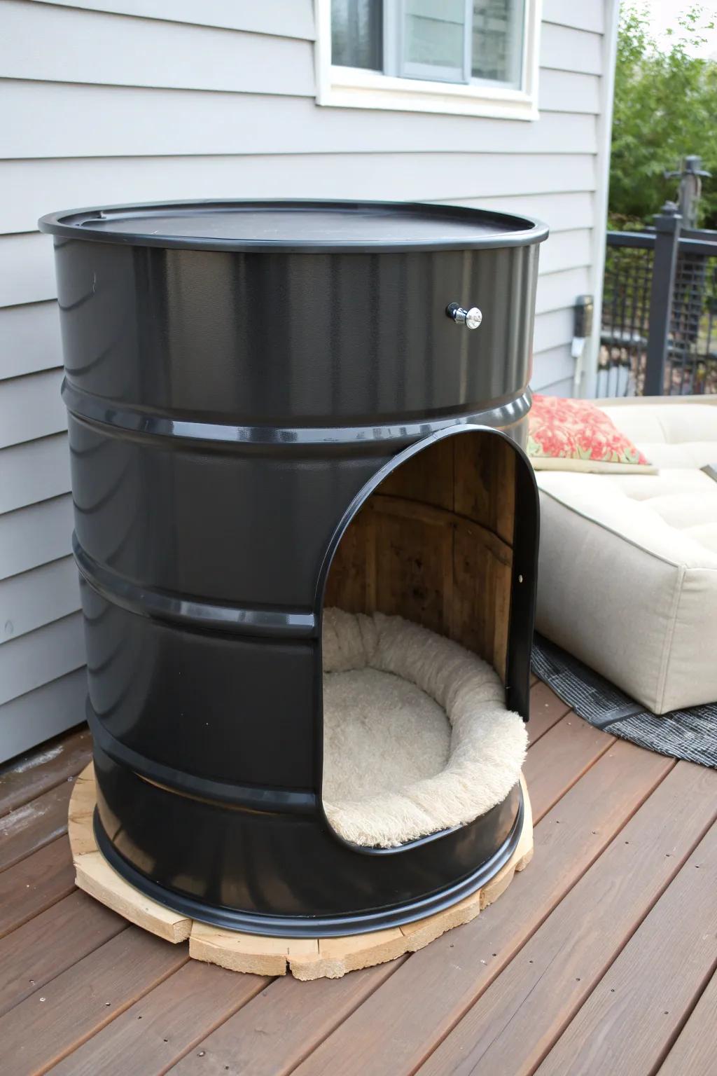 Transform a simple drum into your dog's dream den with this sleek, modern dog house design!