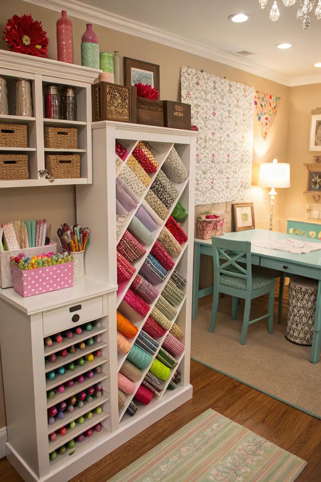 A creative gift wrap station using a wine rack.