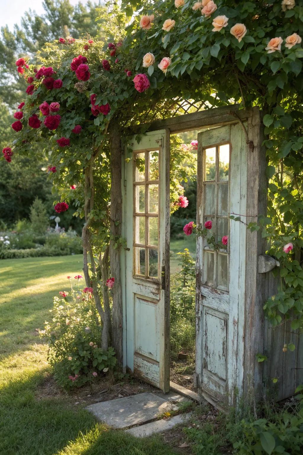 Transform your garden with a touch of rustic elegance: French doors reimagined as a stunning rose-covered arbor.
