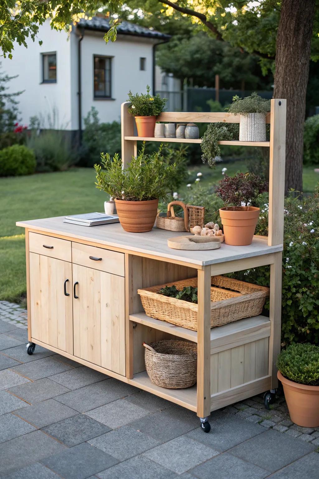Transform your space with a charming garden potting bench from repurposed kitchen cabinets. 🌿✨