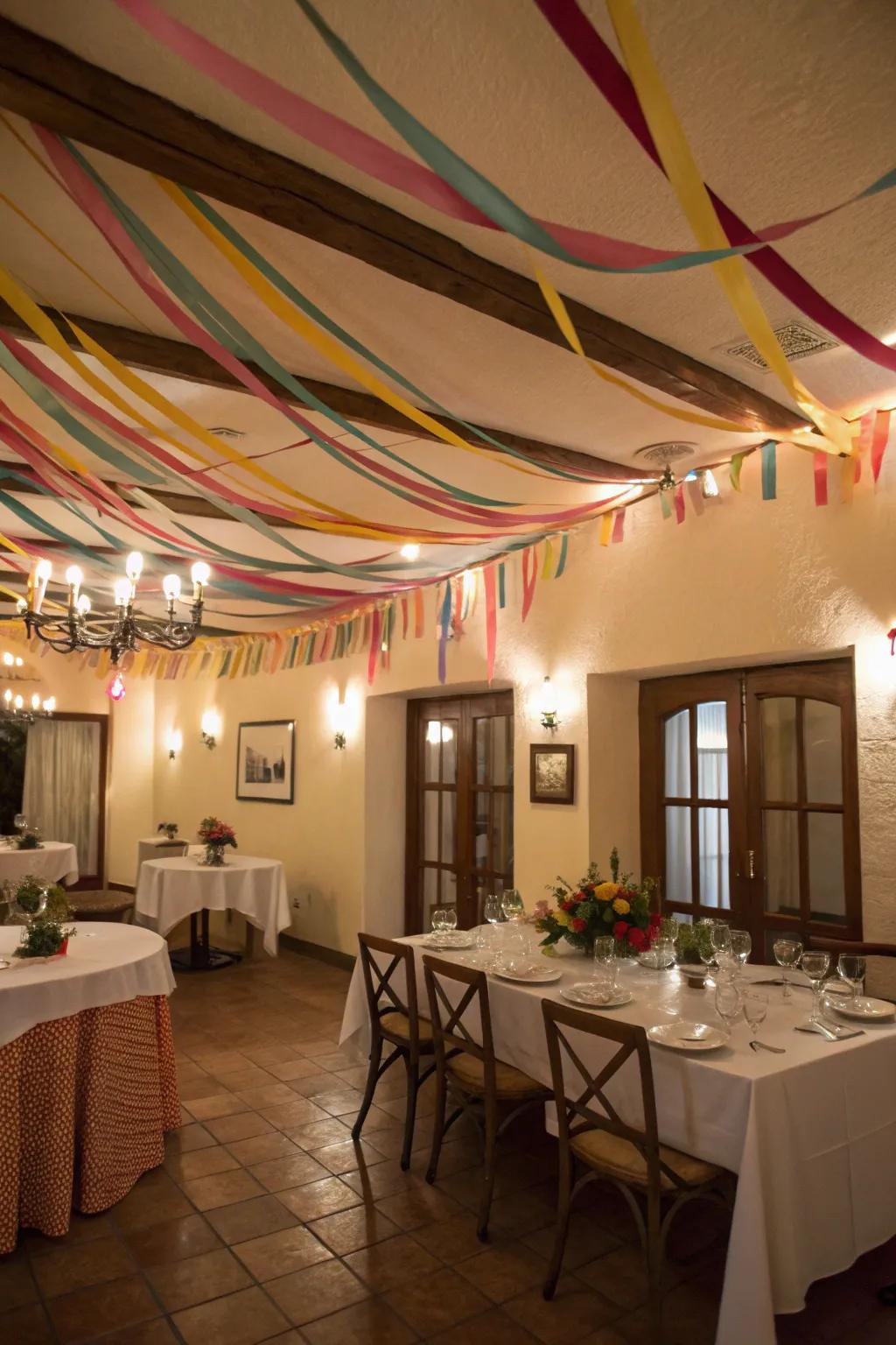 Festive ceiling with ribbon streamers.