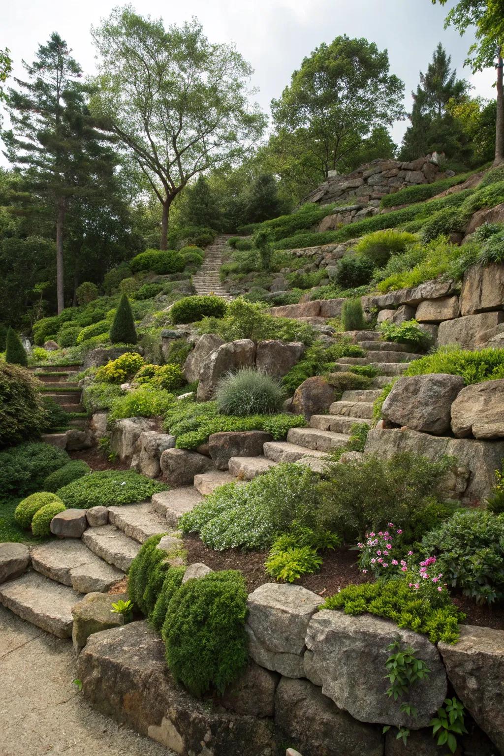 A terraced rock garden makes use of sloped terrain.