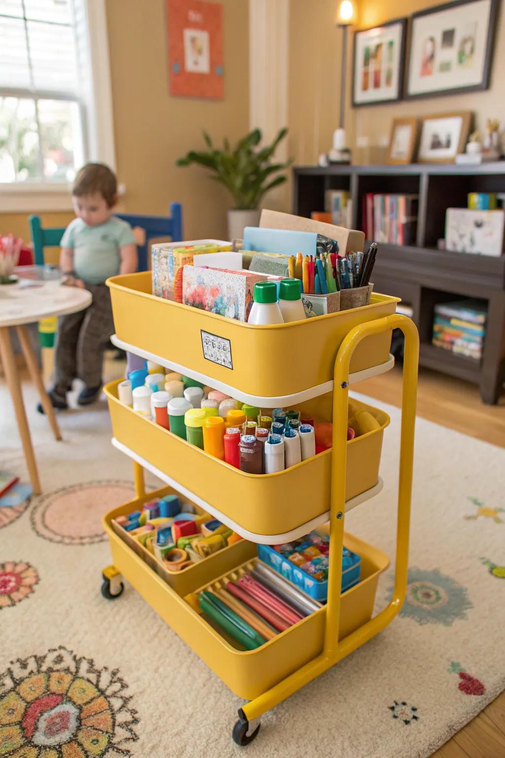 A kids' craft cart for easy access to creative supplies.