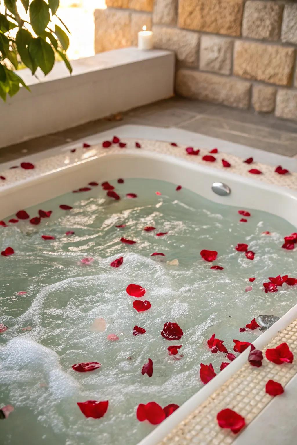 Rose petals add a touch of romance to the jacuzzi.