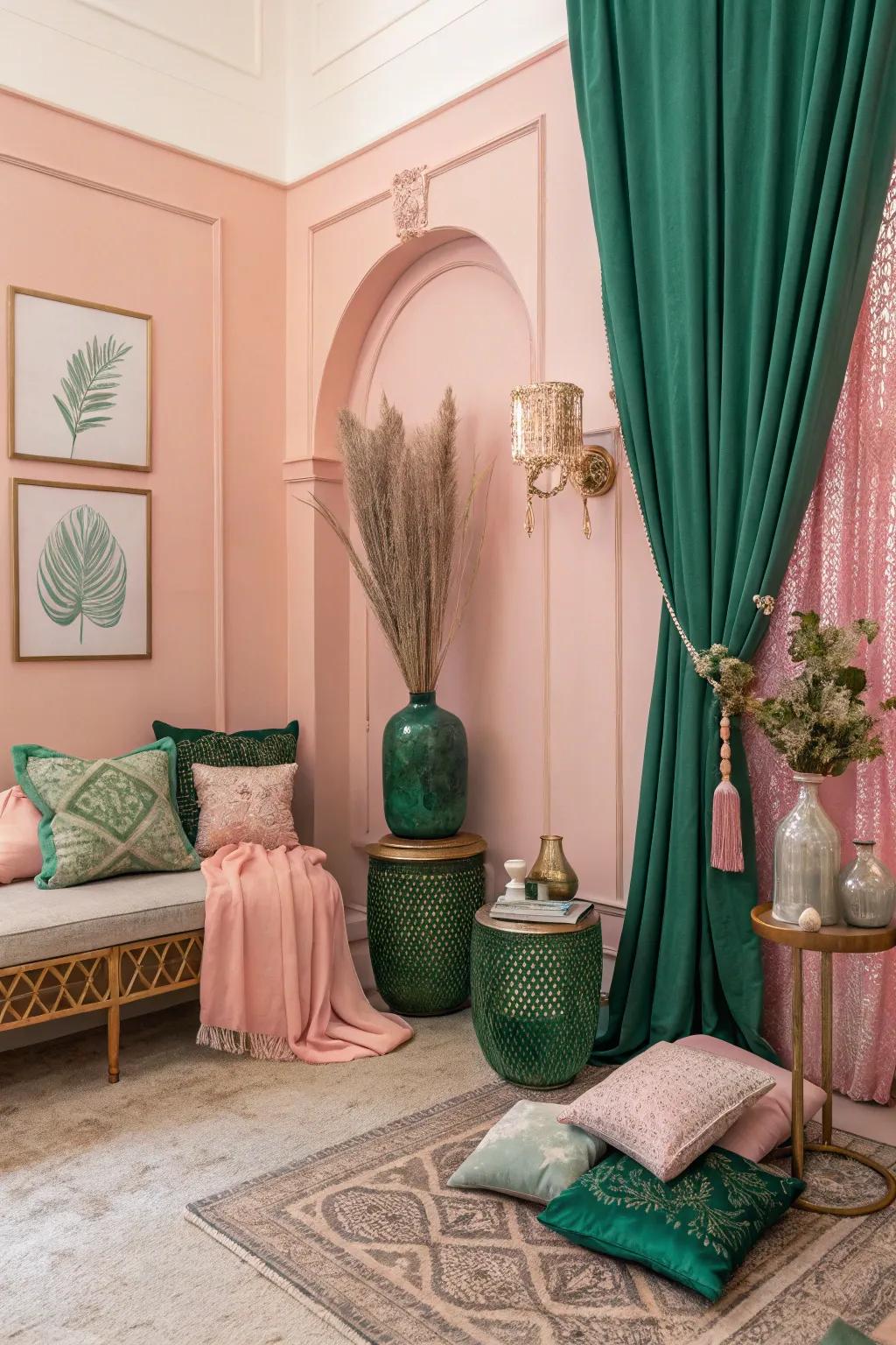 A romantic color palette using blush pink and emerald tones.