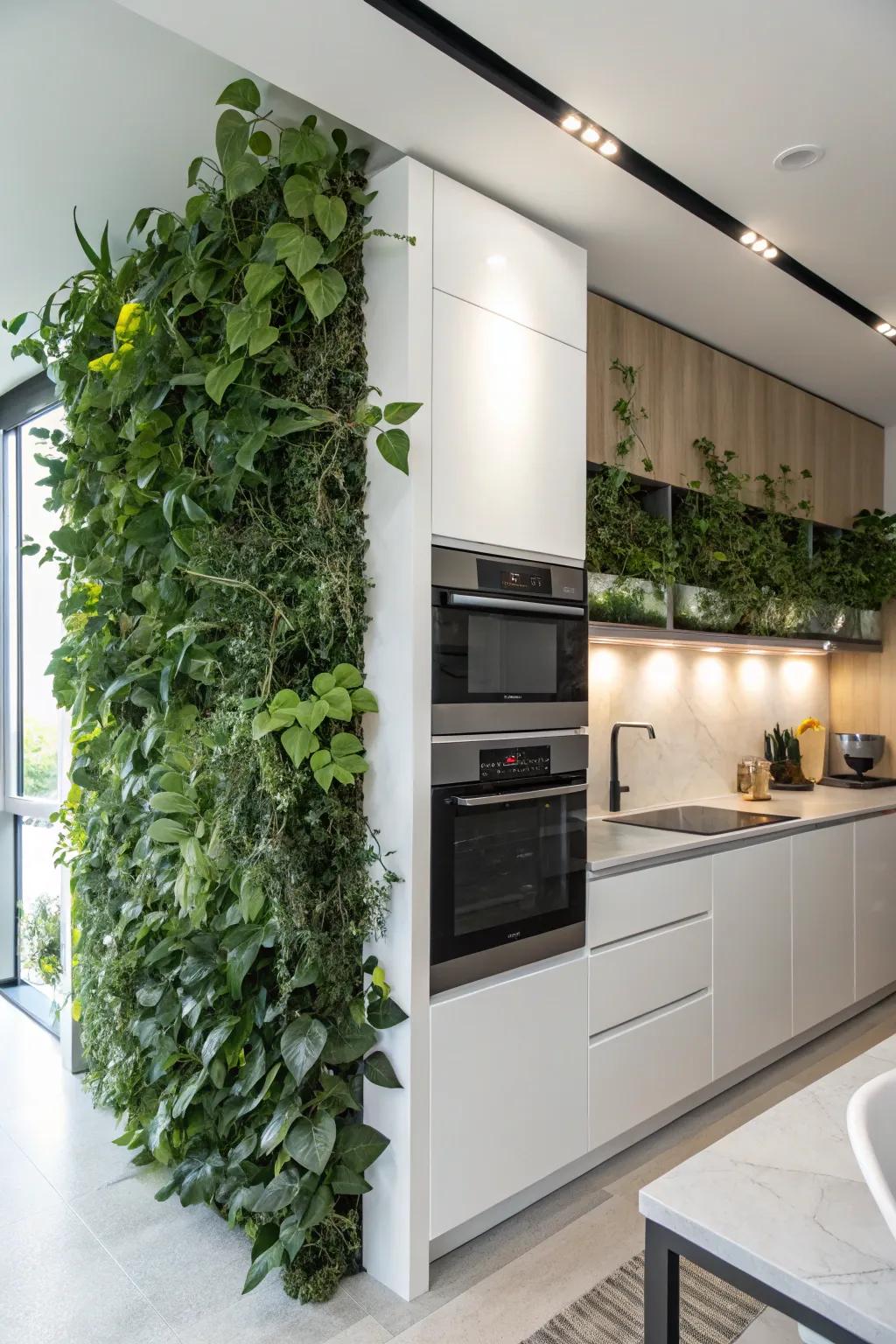 Modern kitchen featuring a vertical garden of faux leaves.