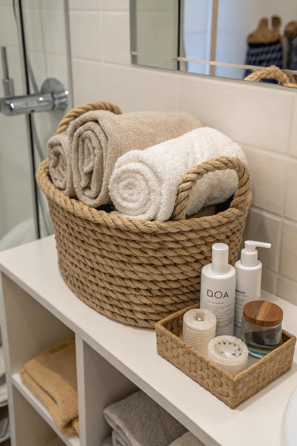 A rope basket brings natural charm to bathroom storage.