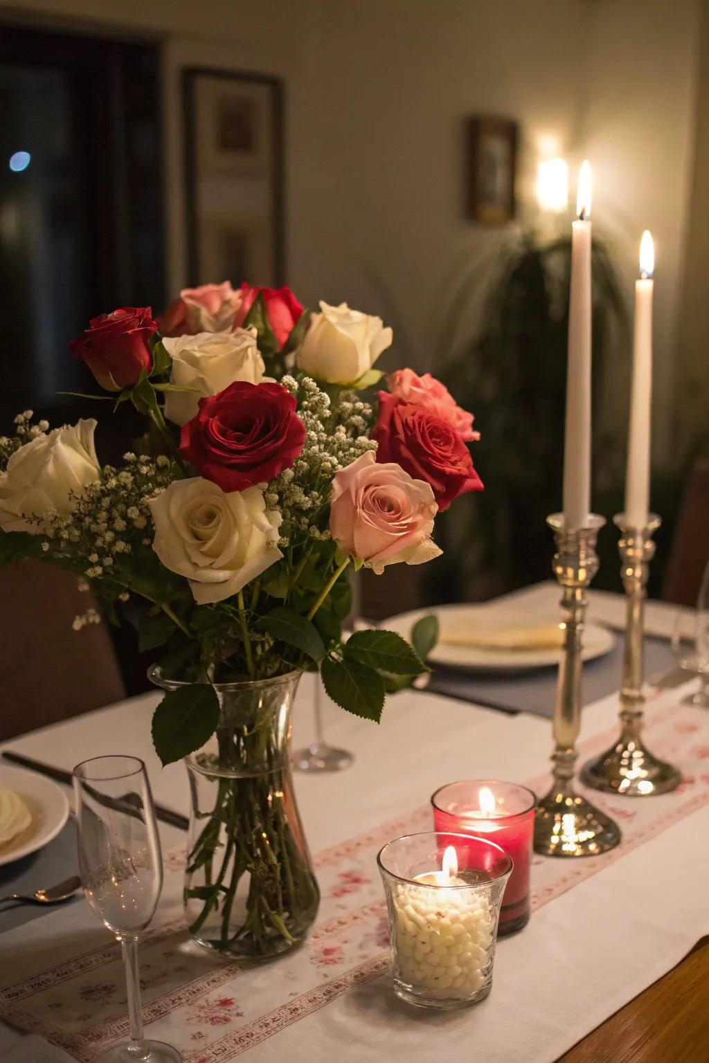 Roses paired with candles create a romantic and intimate setting.