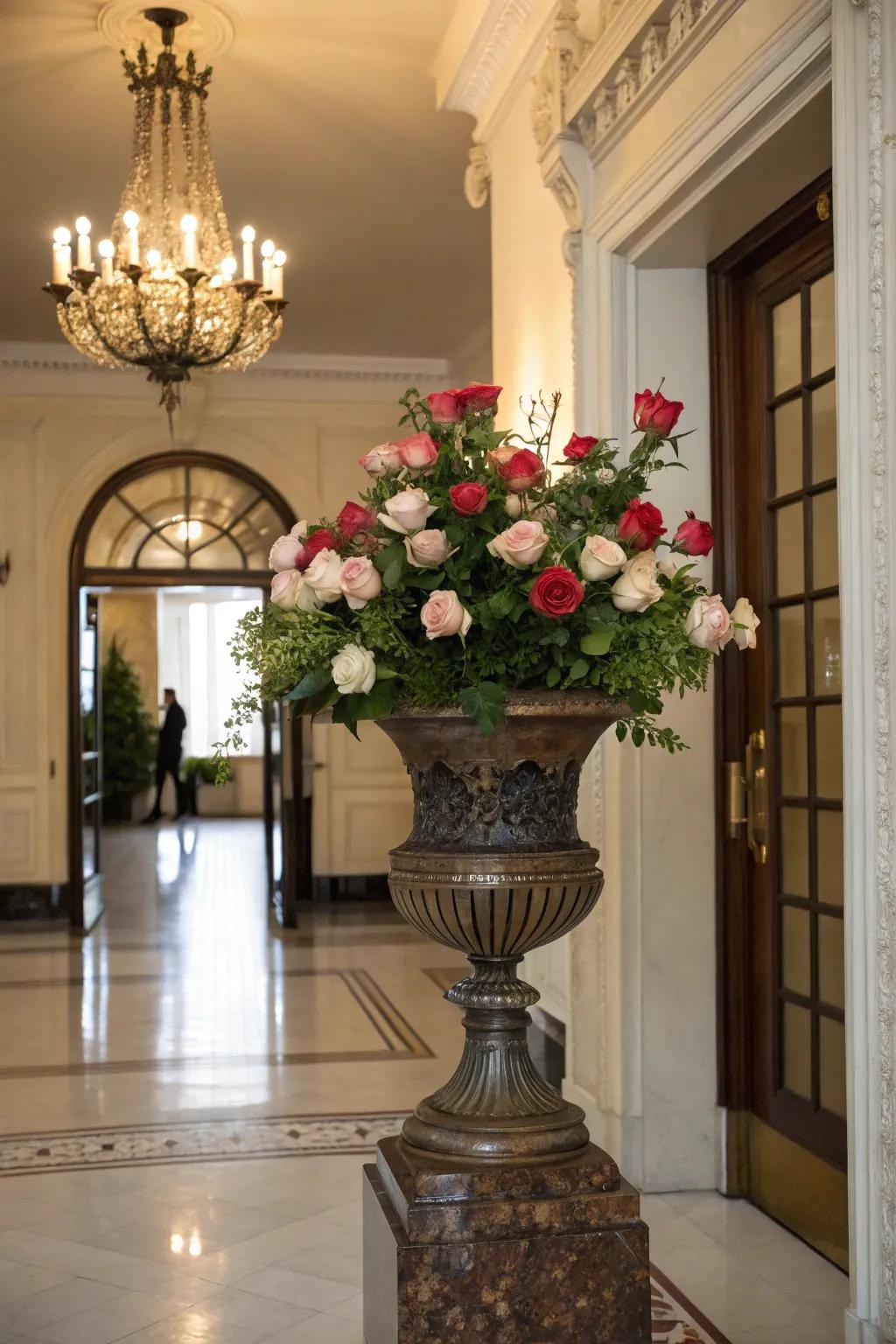 Roses in a metal urn offer timeless elegance and charm.