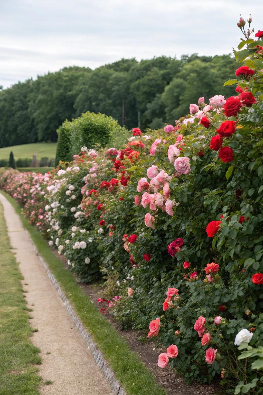 A vibrant rose hedge, offering privacy and beauty.