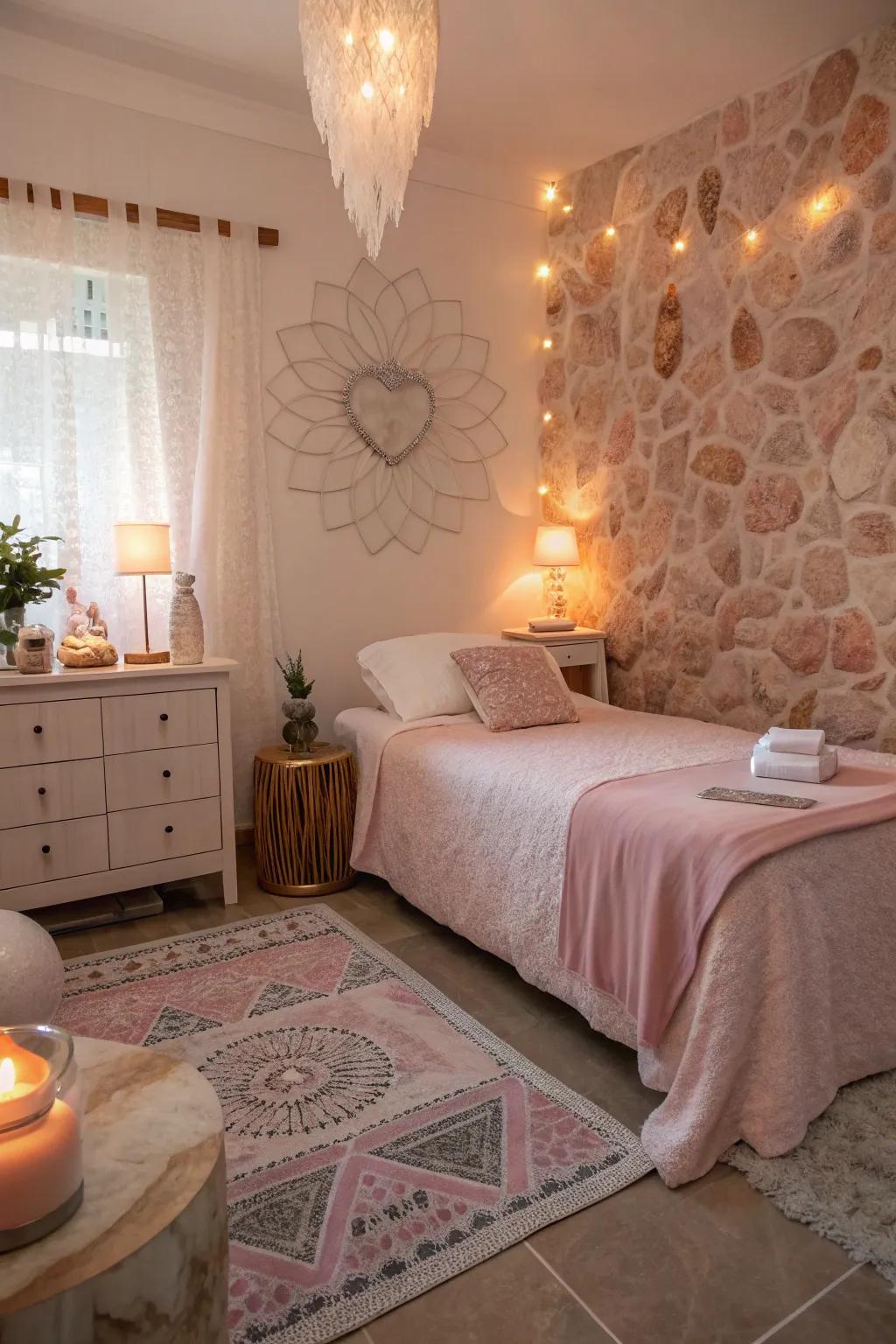 Rose quartz decor for a serene ambiance.