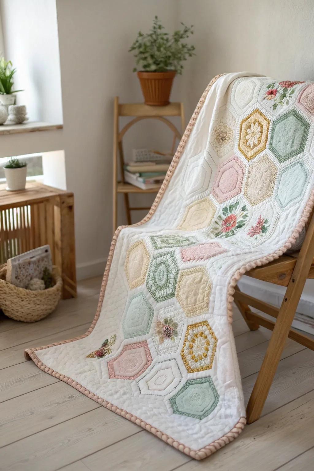 Embrace playful elegance with quirky shapes in your quilt design.