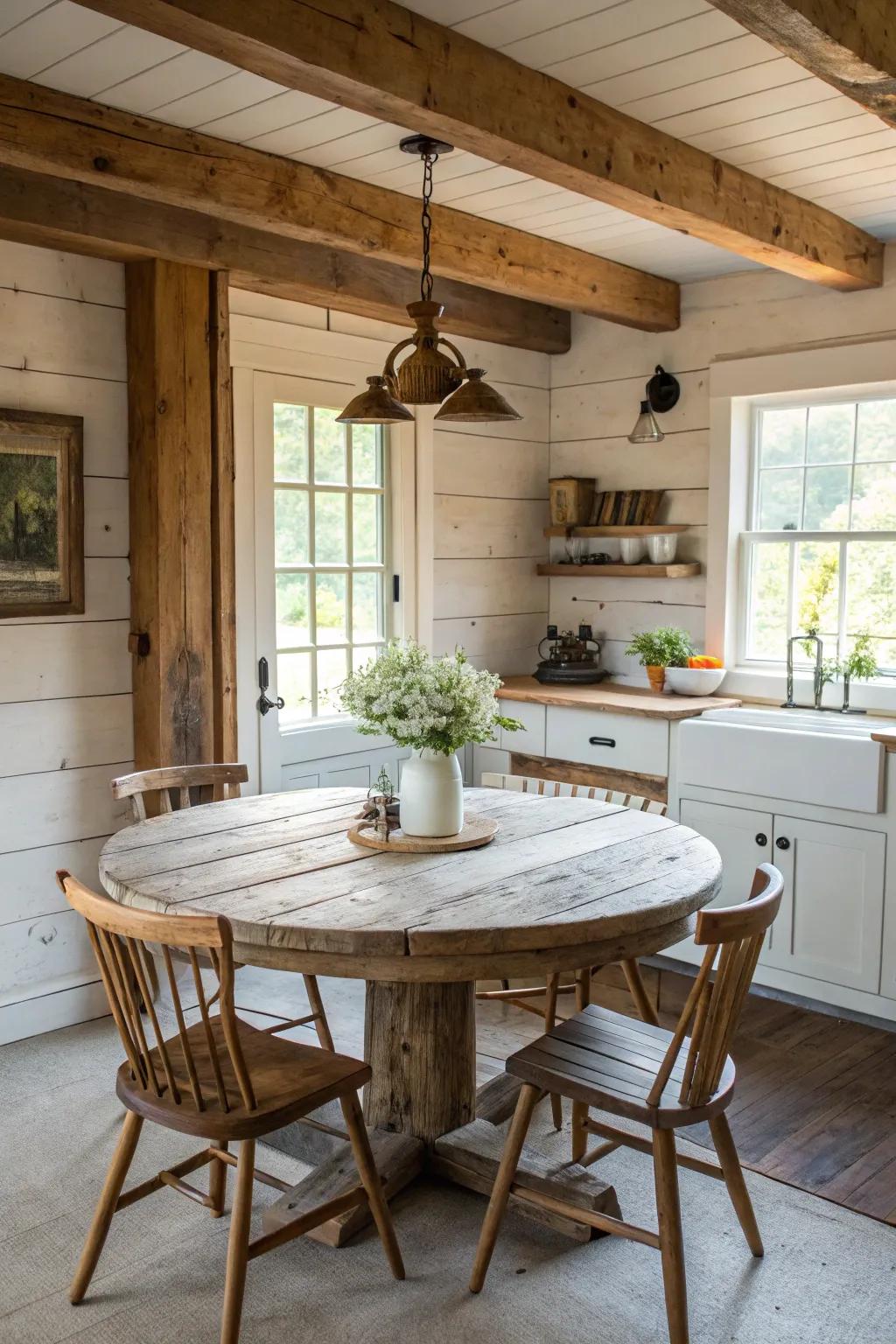 Reclaimed wood round tables add warmth and history to the home.