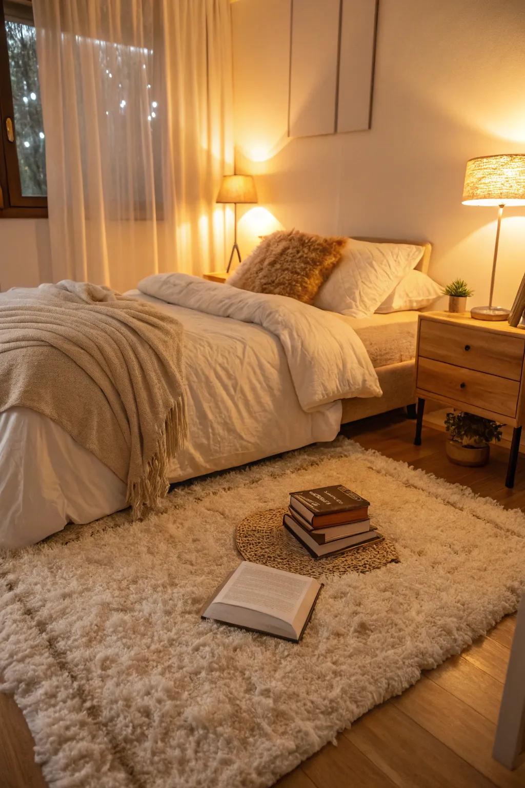 A high-pile rug offers unparalleled comfort and warmth in a cozy bedroom.