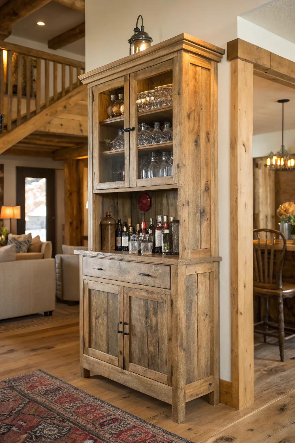 A distressed wood bar cabinet, offering authentic rustic charm.