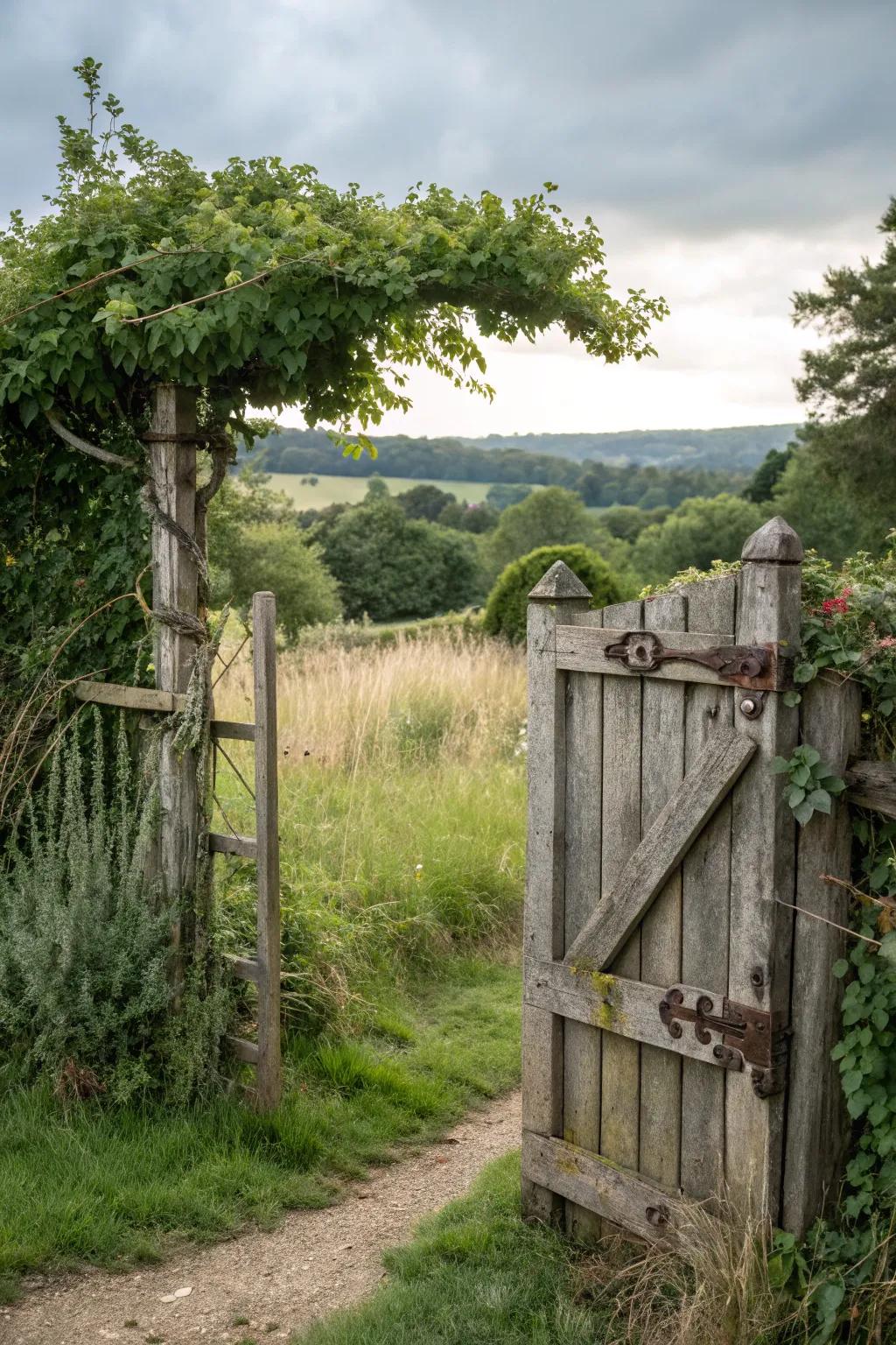 Wooden gates with iron accents blend charm and strength.