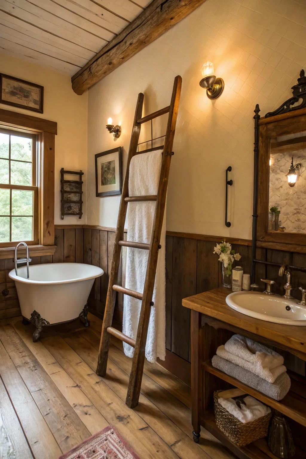 Add history to your bathroom with an antique ladder towel rack.