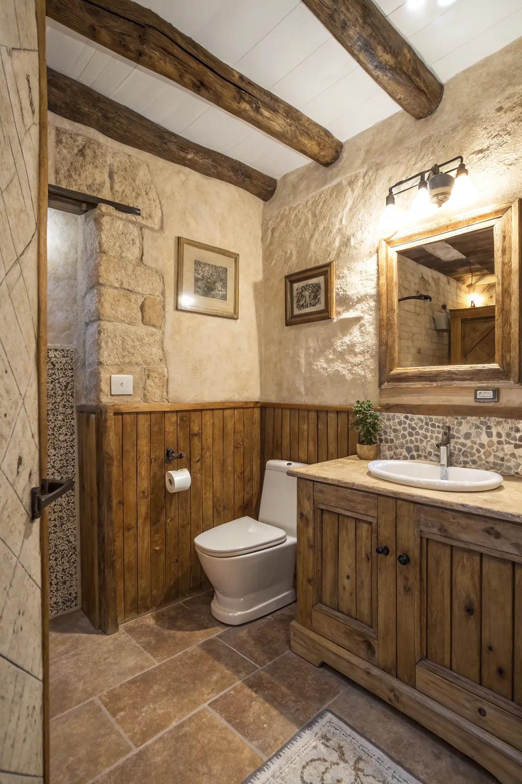 Textured finishes add depth and dimension to a travertine bathroom.